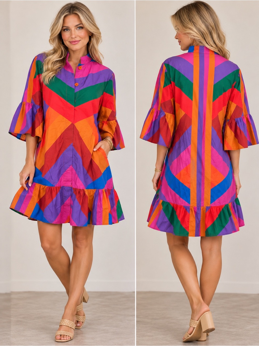 FARM Rio Women’s Large Amanda Stripes High Low Mini Dress Multicolor Cotton